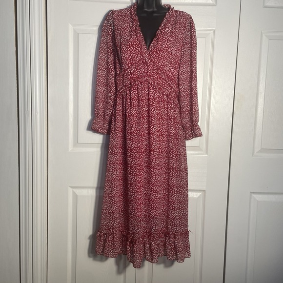 Dresses & Skirts - Red White Geometric Boho Dress Women XL Ruffles V Neck Chiffon Overlay Fairycore